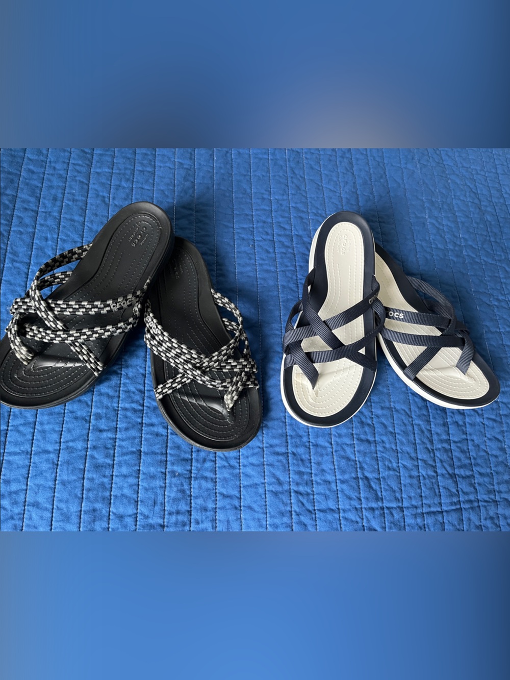 CROCS two pair Women’s Dual-Strap Slide Sandals in Black and Navy